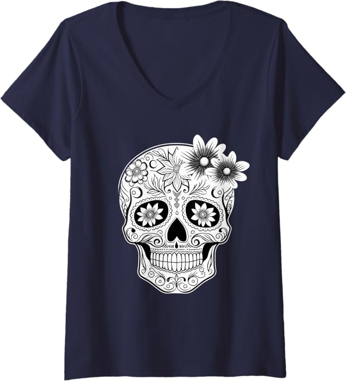 Women's Dia De Los Muertos Mexican Skull Calaveras V-Neck Women T-Shirt