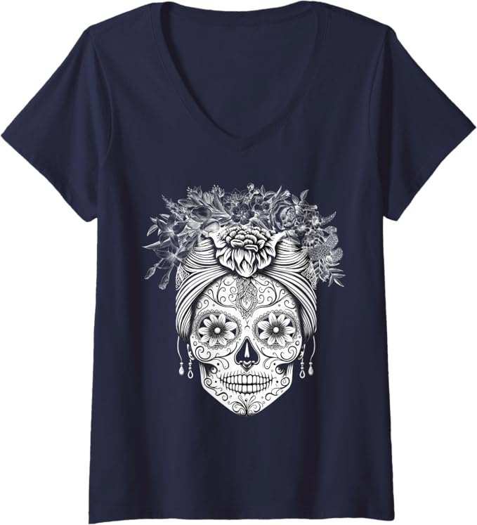Women's Mexican Dia De Los Muertos Calaveras De Azucar V-Neck Women T-Shirt - Sugar Skull Shirt for Day of the Dead Celebration
