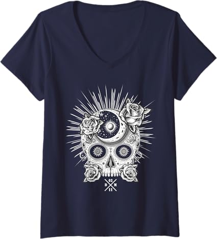 Women's Mexican Sugar Skull V-Neck T-Shirt | Día De Los Muertos Occult Design