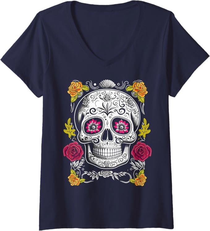 Womens Sugar Skull Mexican Día De Los Muertos V-Neck T-Shirt