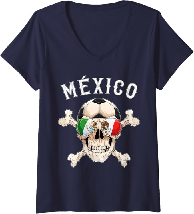 Women's Mexico Pirate Soccer Fan Skull V-Neck Women T-Shirt with Mexican Flag