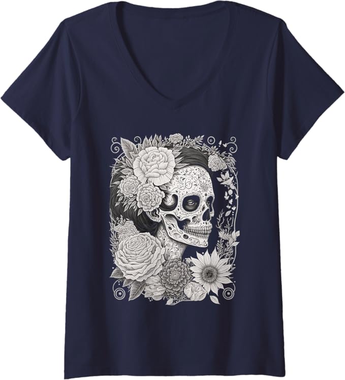 Women's Catrina Sugar Skull Calaveras Día de los Muertos V-Neck Women T-Shirt – Mexican Festival Style
