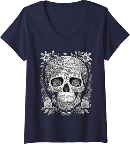 Women's Mexican Skull T-Shirt - Camisas de Calaveras V-Neck Tee