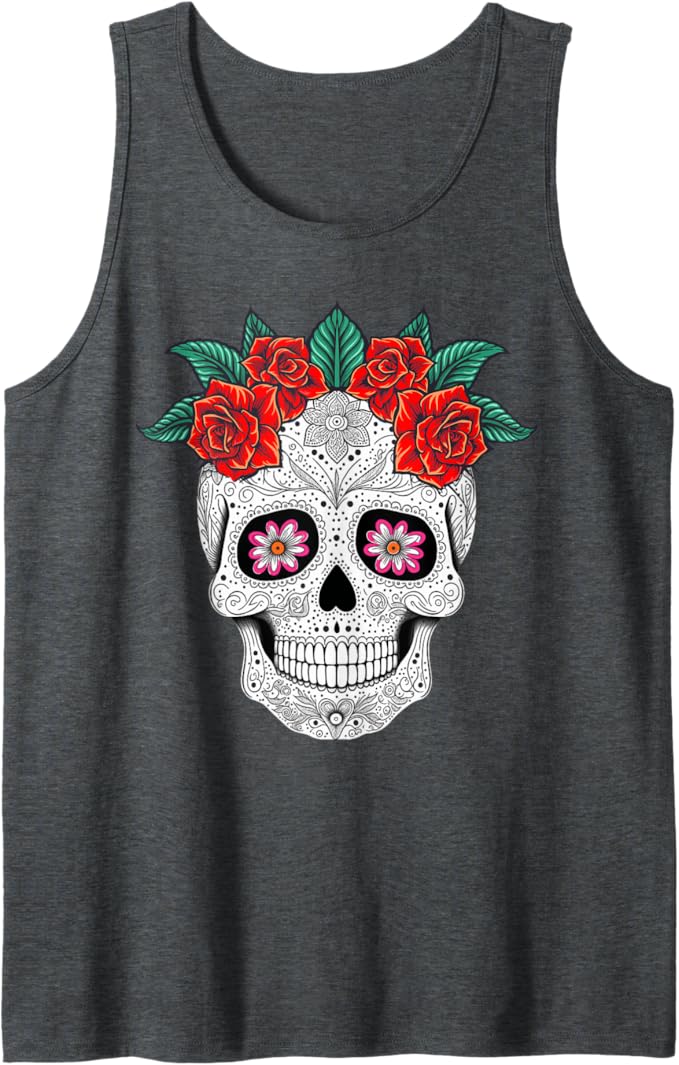 Day of the Dead Skull with Flowers Mexican Holiday Men Tank Top - Festive Apparel for Dia de los Muertos