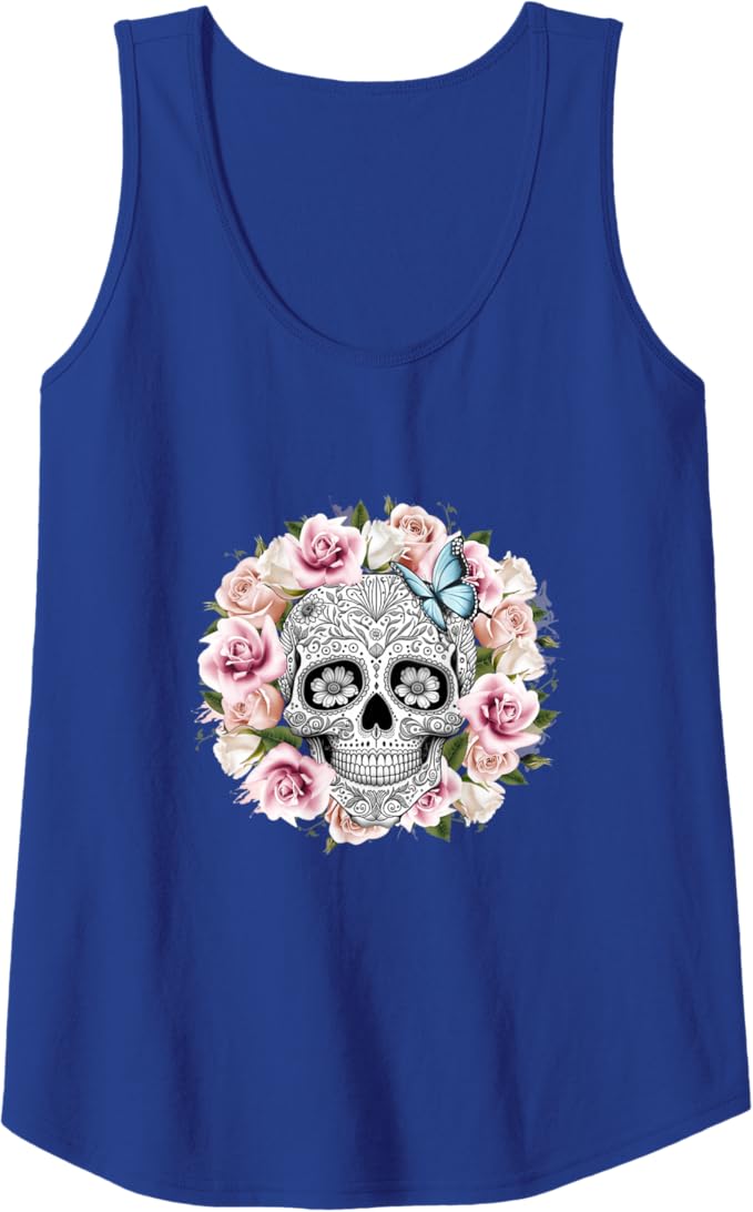 Floral Sugar Skull Women Tank Top - Day of the Dead Mexico Día De Los Muertos Design