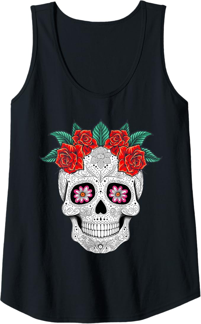Day of the Dead Skull with Flowers Mexican Holiday Women Tank Top - Festive Apparel for Dia de los Muertos