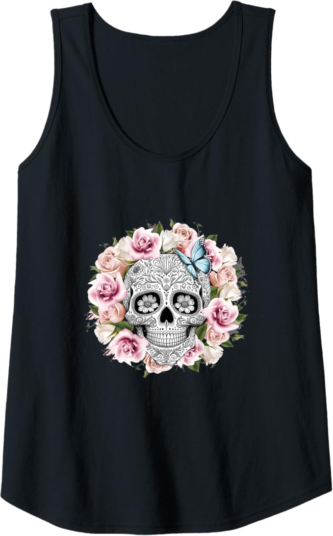 Floral Sugar Skull Women Tank Top - Day of the Dead Mexico Día De Los Muertos Design