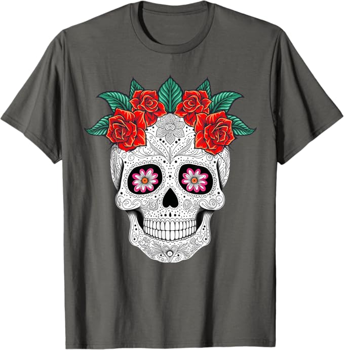 Day of the Dead Skull with Flowers - Mexican Holiday Men T-Shirt