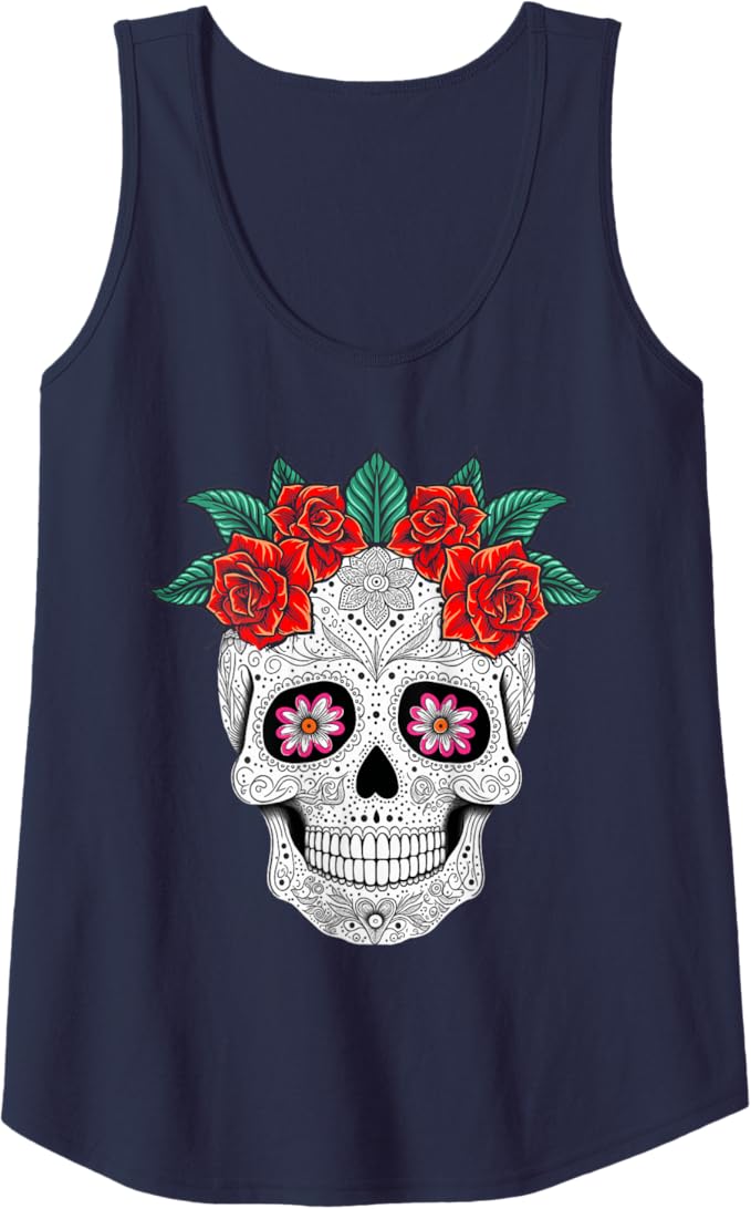 Day of the Dead Skull with Flowers Mexican Holiday Women Tank Top - Festive Apparel for Dia de los Muertos