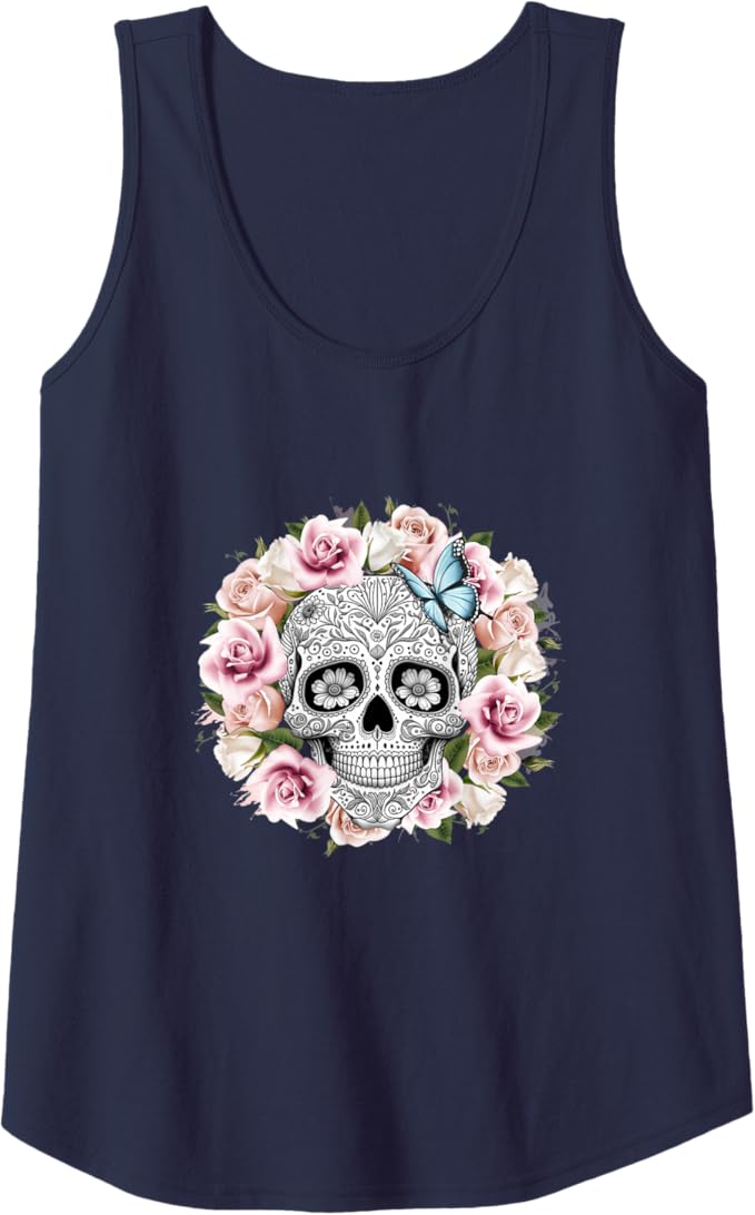 Floral Sugar Skull Women Tank Top - Day of the Dead Mexico Día De Los Muertos Design