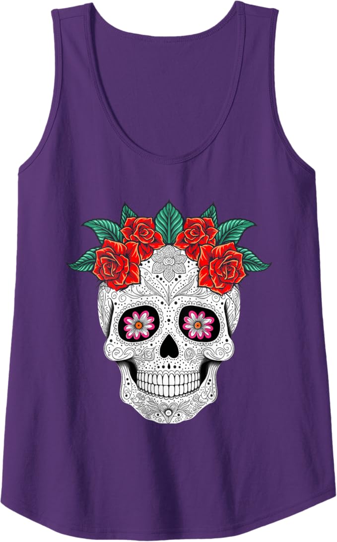 Day of the Dead Skull with Flowers Mexican Holiday Women Tank Top - Festive Apparel for Dia de los Muertos
