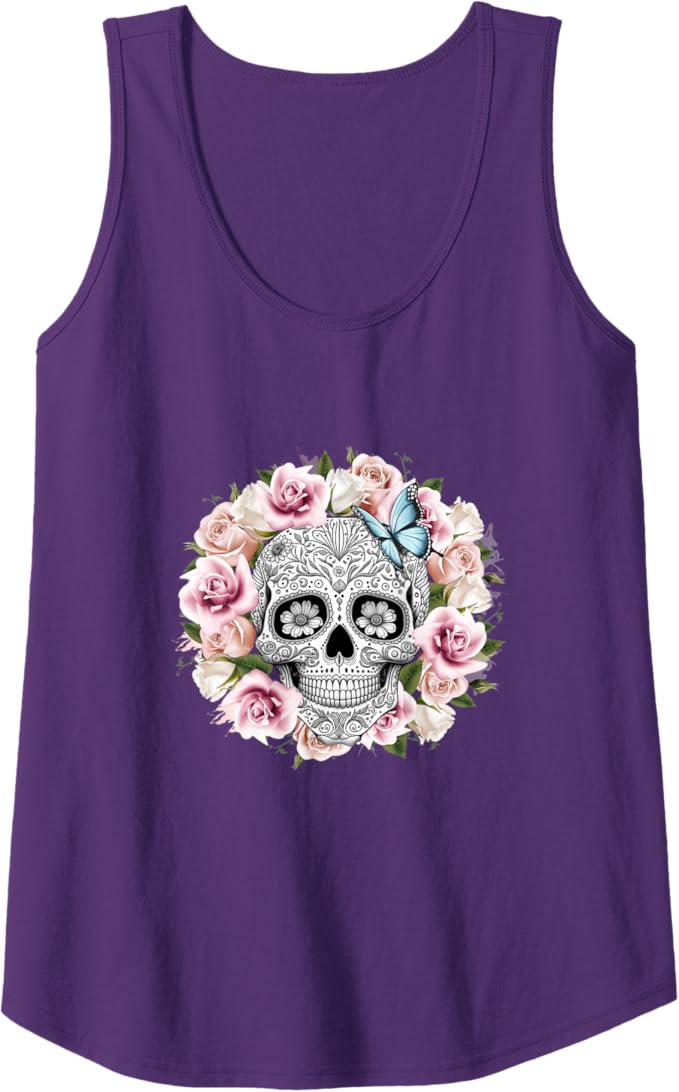Floral Sugar Skull Women Tank Top - Day of the Dead Mexico Día De Los Muertos Design