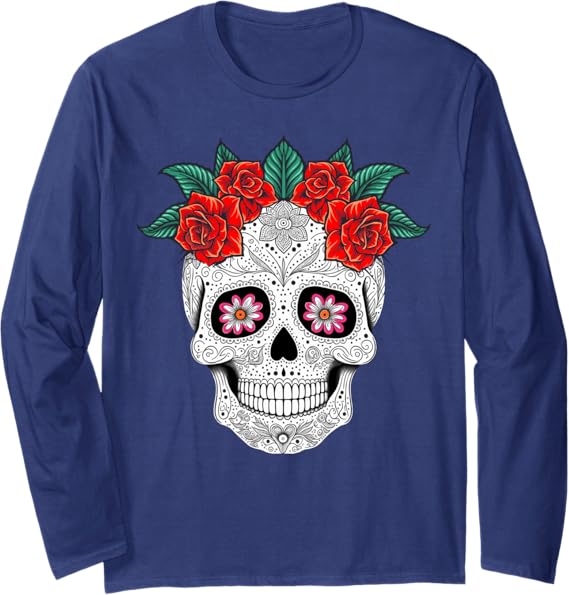 Day of the Dead Skull with Flowers Mexican Holiday Long Sleeve Shirt - Halloween & Dia de los Muertos Apparel