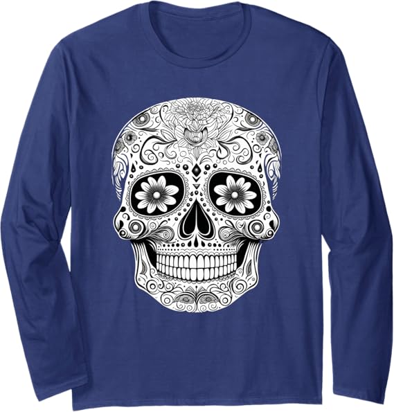 Floral Mexican Sugar Skull Day of the Dead Long Sleeve T-Shirt for Women
