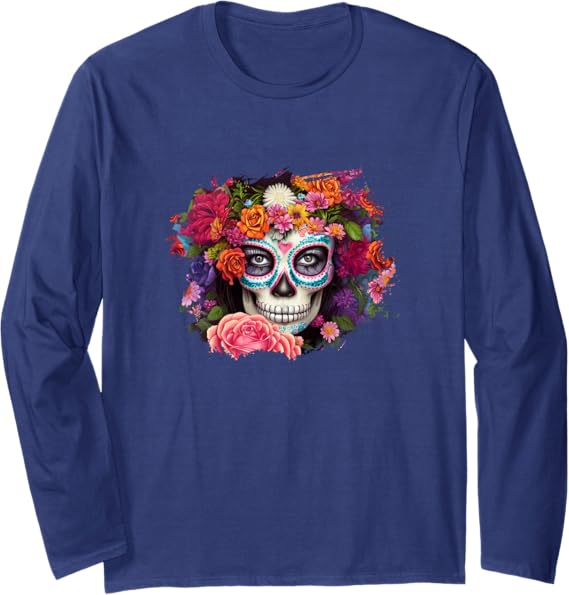 Mexico Day of the Dead Skull Dia de los Muertos Long Sleeve T-Shirt - Festive Halloween Shirt