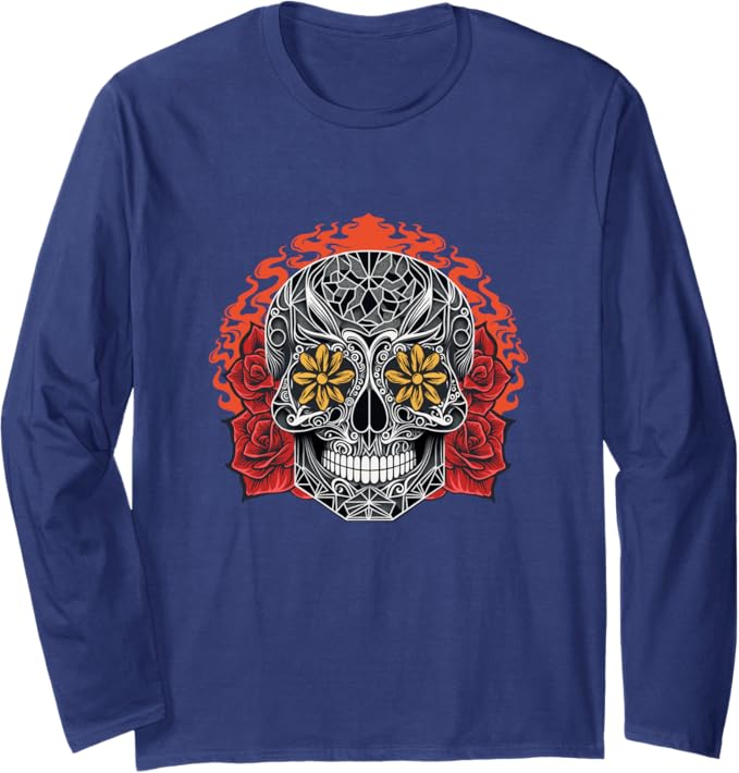 Day of the Dead Sugar Skull Calaveras Long Sleeve T-Shirt - Mexican Holiday Apparel