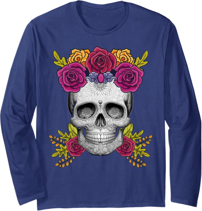 Dia de los Muertos Sugar Skull Long Sleeve T-Shirt – Mexican Day of the Dead Apparel