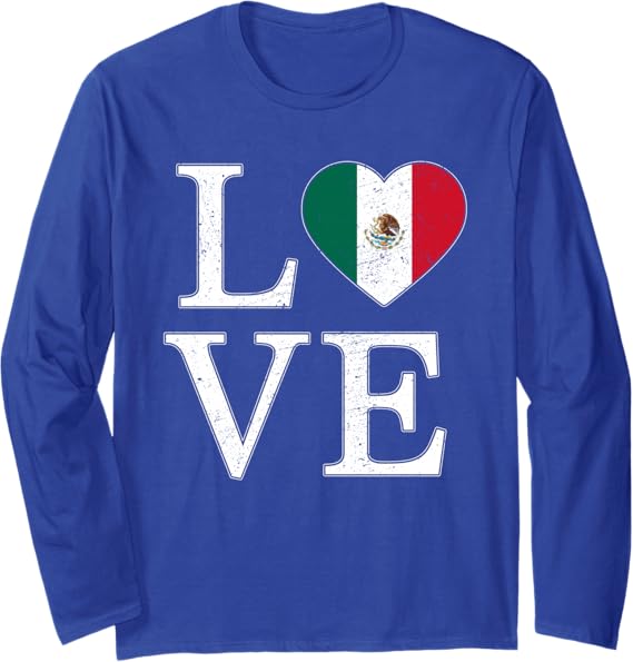 Mexico Love Mexican Flag Heart Vintage Long Sleeve T-Shirt - Stylish Graphic Tee for Men & Women