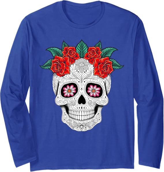 Day of the Dead Skull with Flowers Mexican Holiday Long Sleeve Shirt - Halloween & Dia de los Muertos Apparel