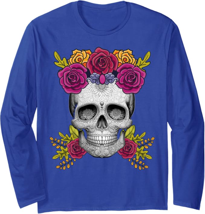 Dia de los Muertos Sugar Skull Long Sleeve T-Shirt – Mexican Day of the Dead Apparel