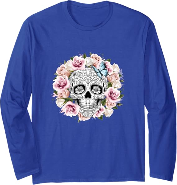 Floral Sugar Skull Dia de los Muertos Day of the Dead Mexico Long Sleeve T-Shirt
