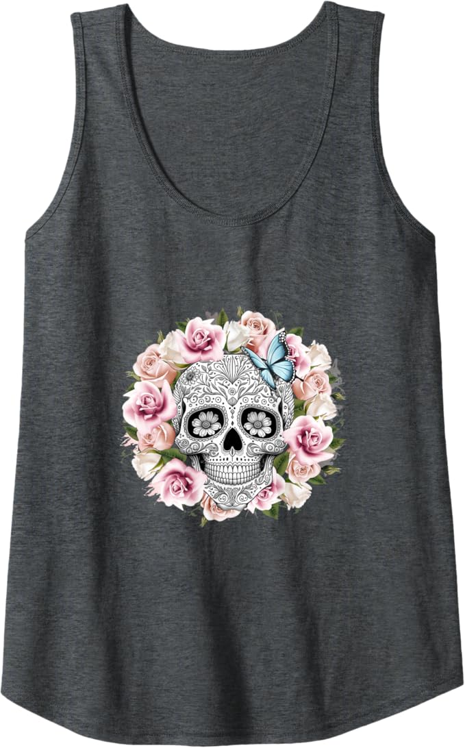 Floral Sugar Skull Women Tank Top - Day of the Dead Mexico Día De Los Muertos Design