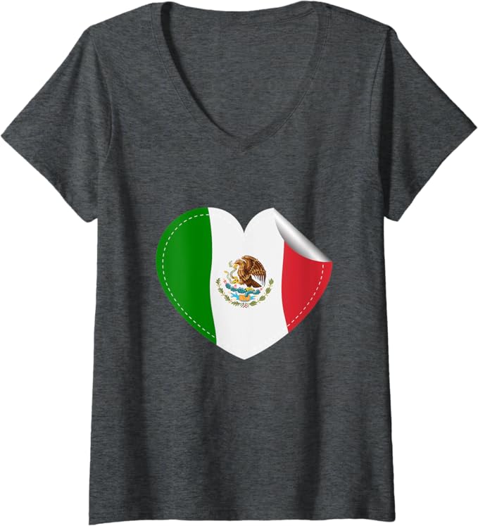 Women's Bandera De México Heart-Shaped Mexican Flag V-Neck Women T-Shirt