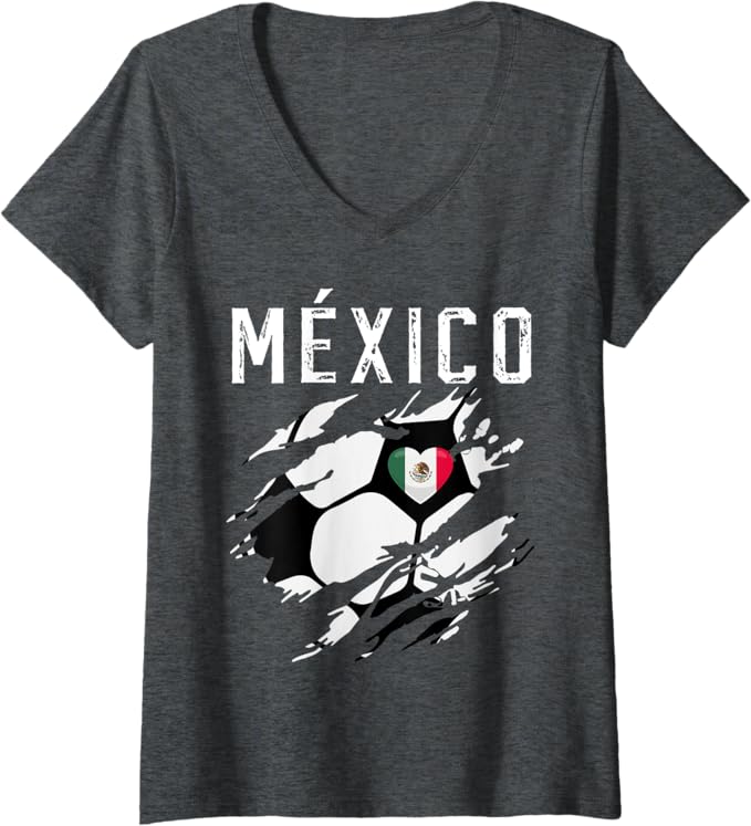 Women's Mexico Retro Vintage Soccer Women T-Shirt - Mexican Flag Heart V-Neck Fan Shirt