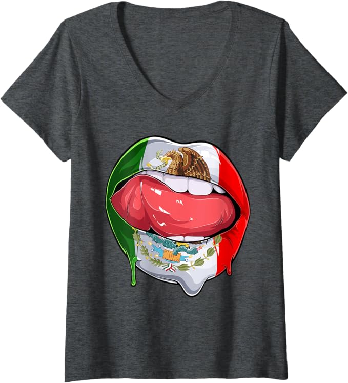 Women's Mexico Flag Lips V-Neck Women T-Shirt - Mexican Bandera Como Labios Design