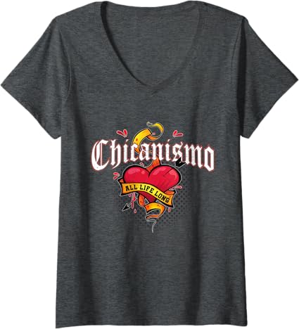 Women's Chicanismo Retro Mexican Chicano Heart V-Neck T-Shirt - All Life Long