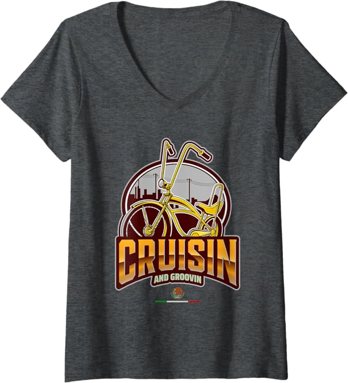 Women's Cruisin' and Groovin' Chicano Lowrider Bike Mexican V-Neck Women T-Shirt