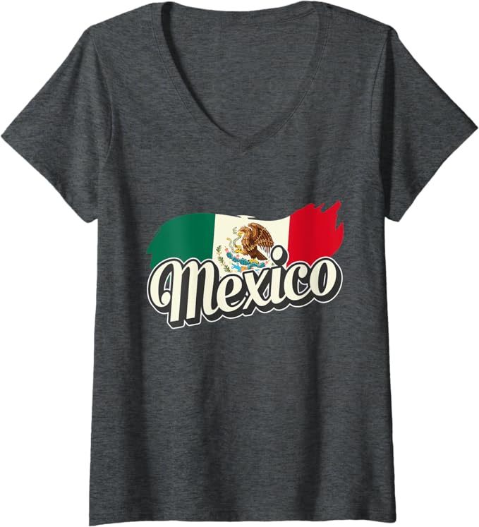 Women's V-Neck Women T-Shirt with Mexican Flag and Mexico Lettering - Mexico Bandera Desig