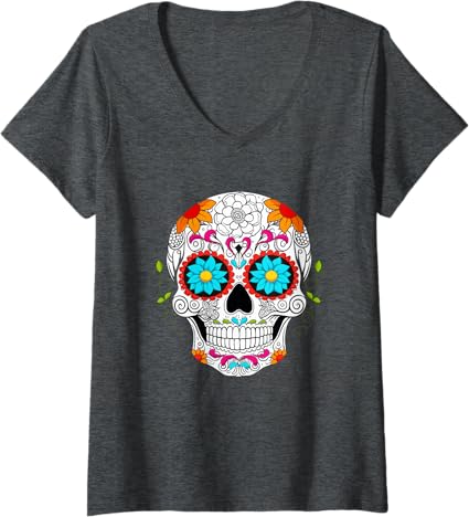 Women's Colorful Calaveras de Azúcar Dia de los Muertos V-Neck T-Shirt - Mexican Sugar Skull Design