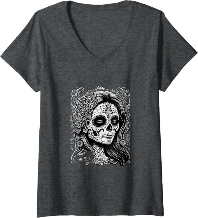 Women's Catrina Calaveras Día De Los Muertos Mexico Holiday V-Neck Women T-Shirt
