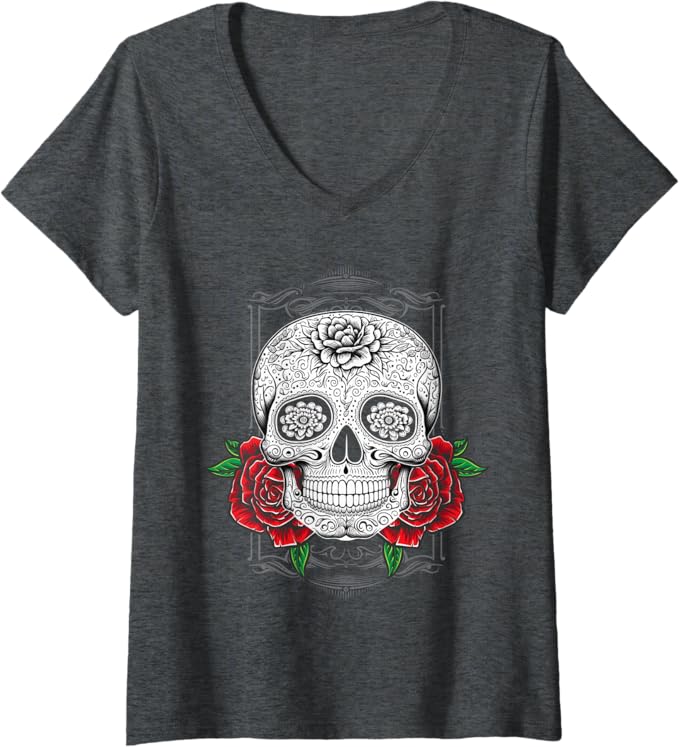 Womens Mexican Calaveras Flower Skull Día De Los Muertos V-Neck T-Shirt