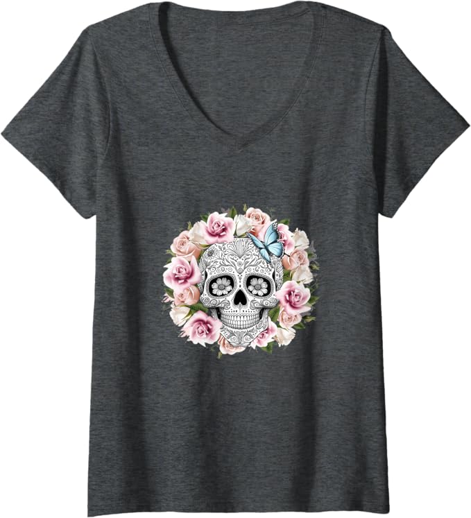 Women's Floral Sugar Skull V-Neck T-Shirt - Day of the Dead Mexico Dia de los Muertos Shirt
