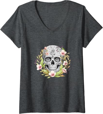Women’s Calaveras Mexican Día De Los Muertos V-Neck T-Shirt