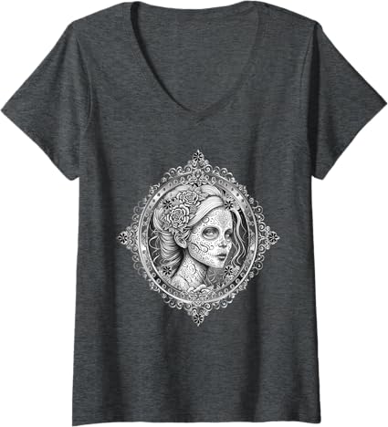 Women's Mexican Dia De Los Muertos Calaveras Catrina V-Neck T-Shirt - Stylish Day of the Dead Shirt