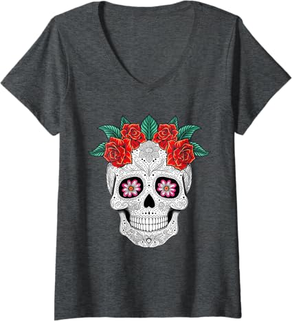 Women's Day of the Dead Skull with Flowers Mexican Holiday V-Neck T-Shirt