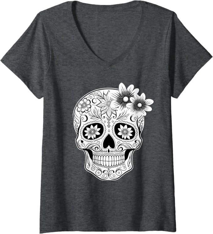 Women's Dia De Los Muertos Mexican Skull Calaveras V-Neck Women T-Shirt