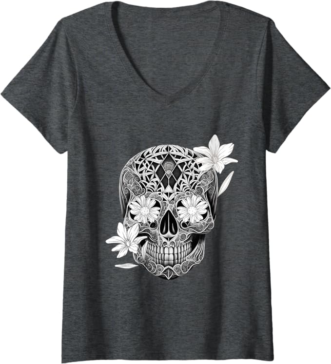 Women's Sugar Skull Flower Women T-Shirt - Dia De Los Muertos V-Neck