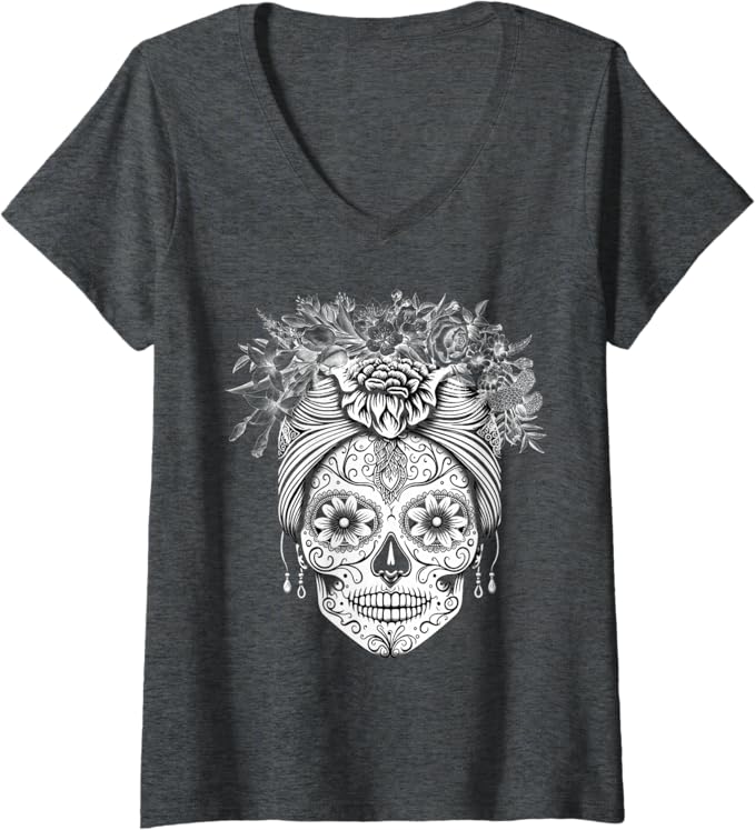 Women's Mexican Dia De Los Muertos Calaveras De Azucar V-Neck Women T-Shirt - Sugar Skull Shirt for Day of the Dead Celebration