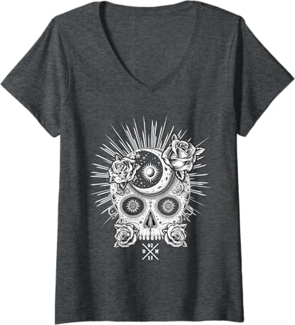 Women's Mexican Sugar Skull V-Neck T-Shirt | Día De Los Muertos Occult Design