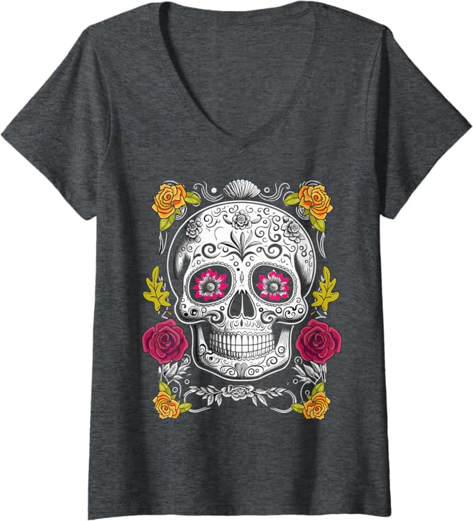 Womens Sugar Skull Mexican Día De Los Muertos V-Neck T-Shirt