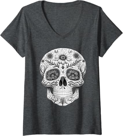Women's Mexican Skull Art Dia de los Muertos V-Neck T-Shirt - Unique Day of the Dead Design