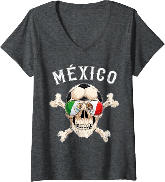 Women's Mexico Pirate Soccer Fan Skull V-Neck Women T-Shirt with Mexican Flag