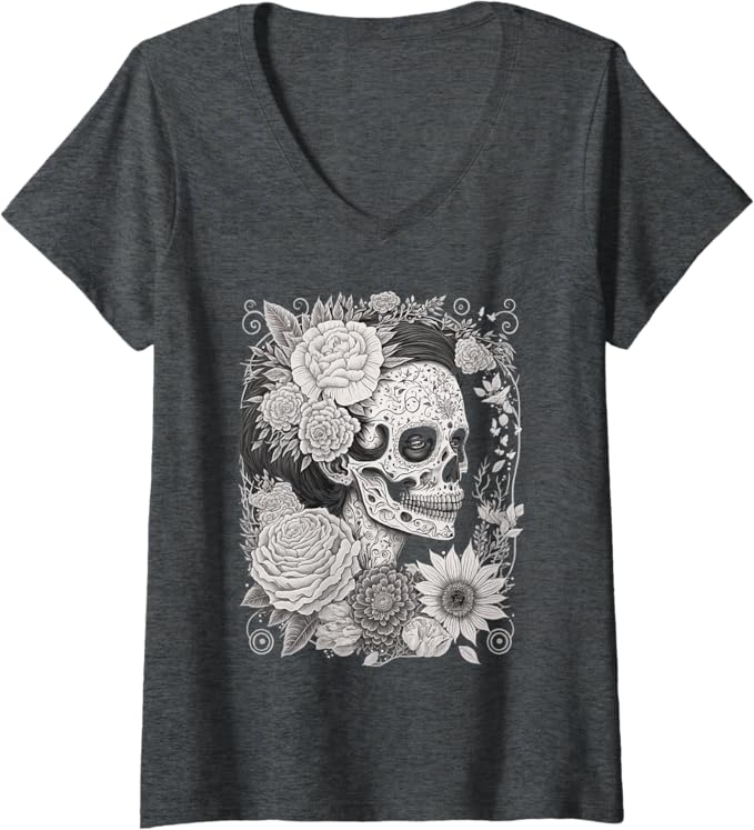 Women's Catrina Sugar Skull Calaveras Día de los Muertos V-Neck Women T-Shirt – Mexican Festival Style