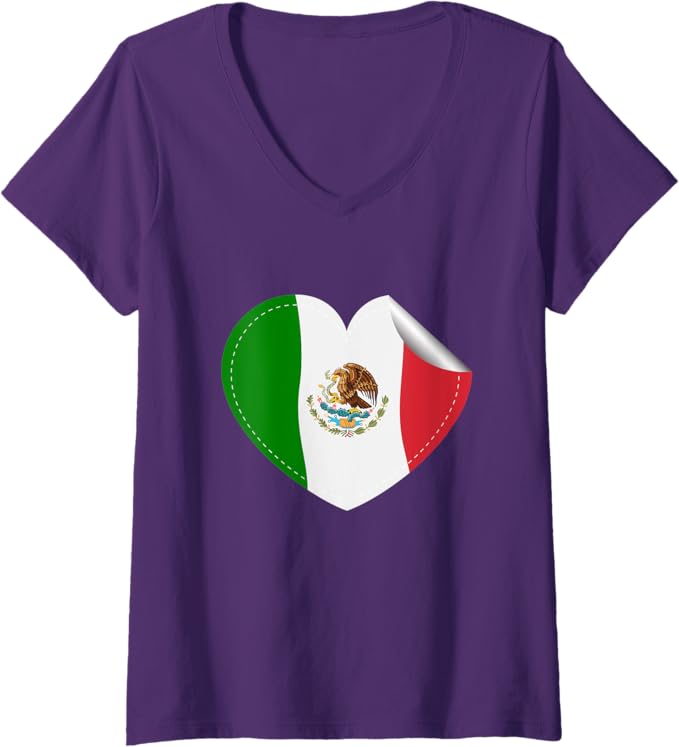 Women's Bandera De México Heart-Shaped Mexican Flag V-Neck Women T-Shirt