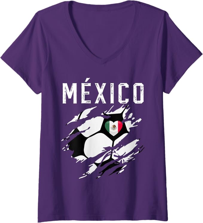 Women's Mexico Retro Vintage Soccer Women T-Shirt - Mexican Flag Heart V-Neck Fan Shirt