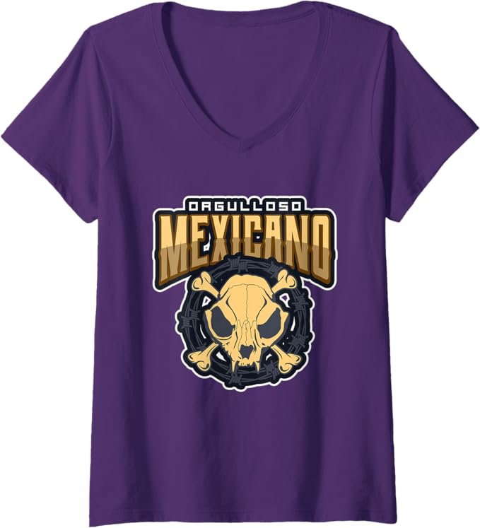 Womens Orgulloso Mexicano Skull Mexican Chicano V-Neck T-Shirt